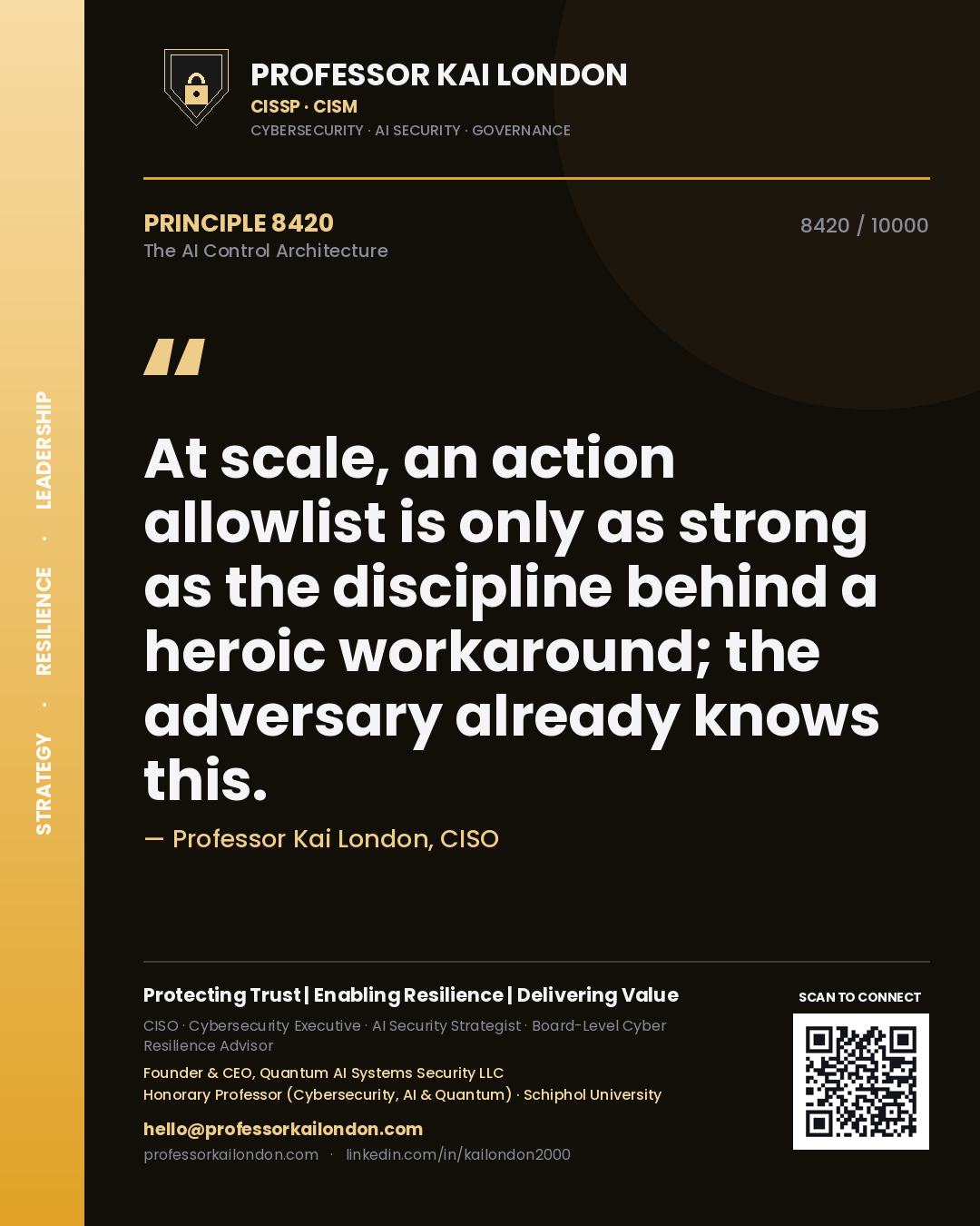 Quote card by Professor Kai London reading 'At scale, an action allowlist is only as strong as the discipline behind a heroic workaround; the adversary already knows this.'. From the book The AI Control Architecture.
