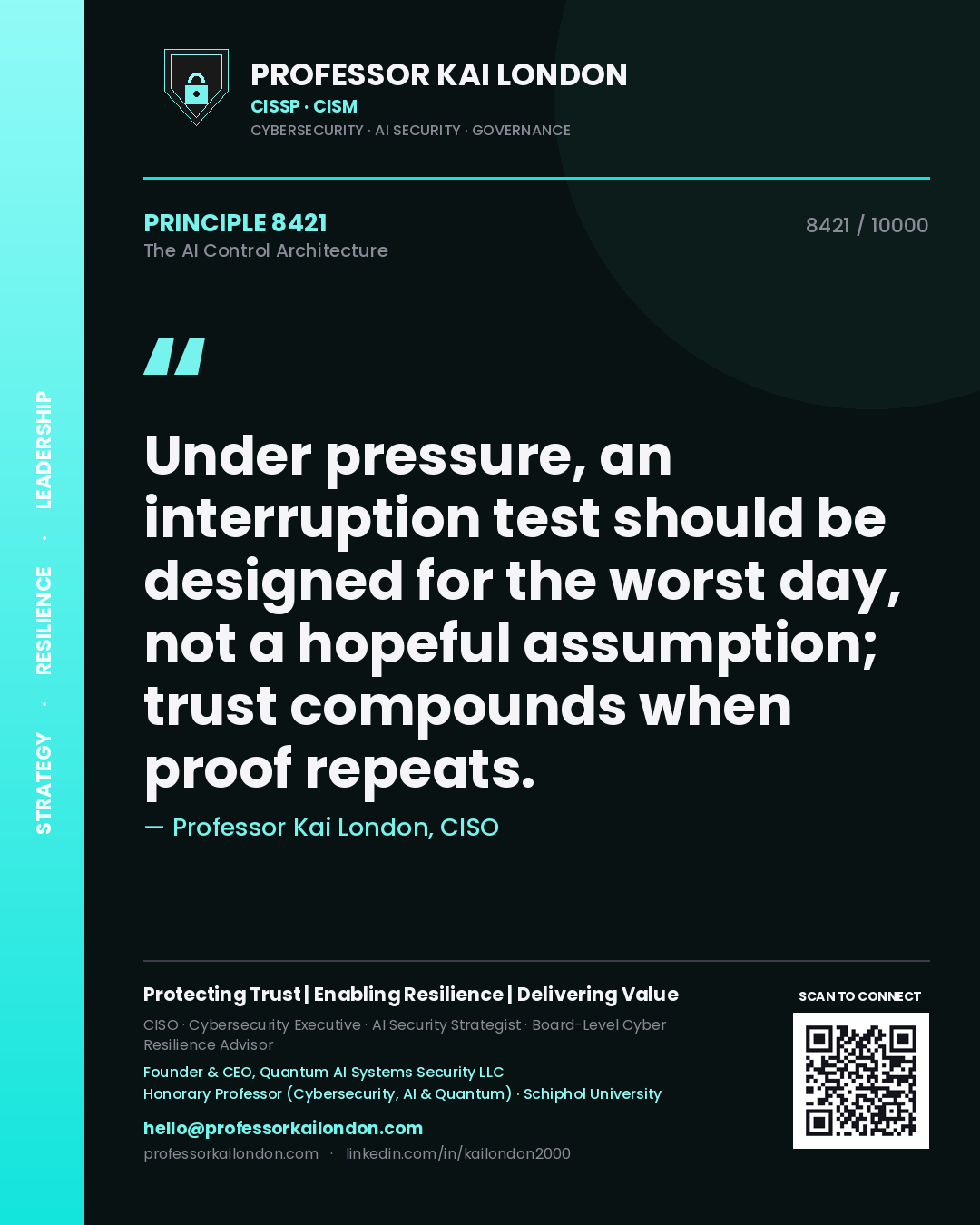 Professor Kai London principle 8421: Under pressure, an interruption test should be designed for the worst day, not a hopeful assumption; trust compounds when proof repeats.