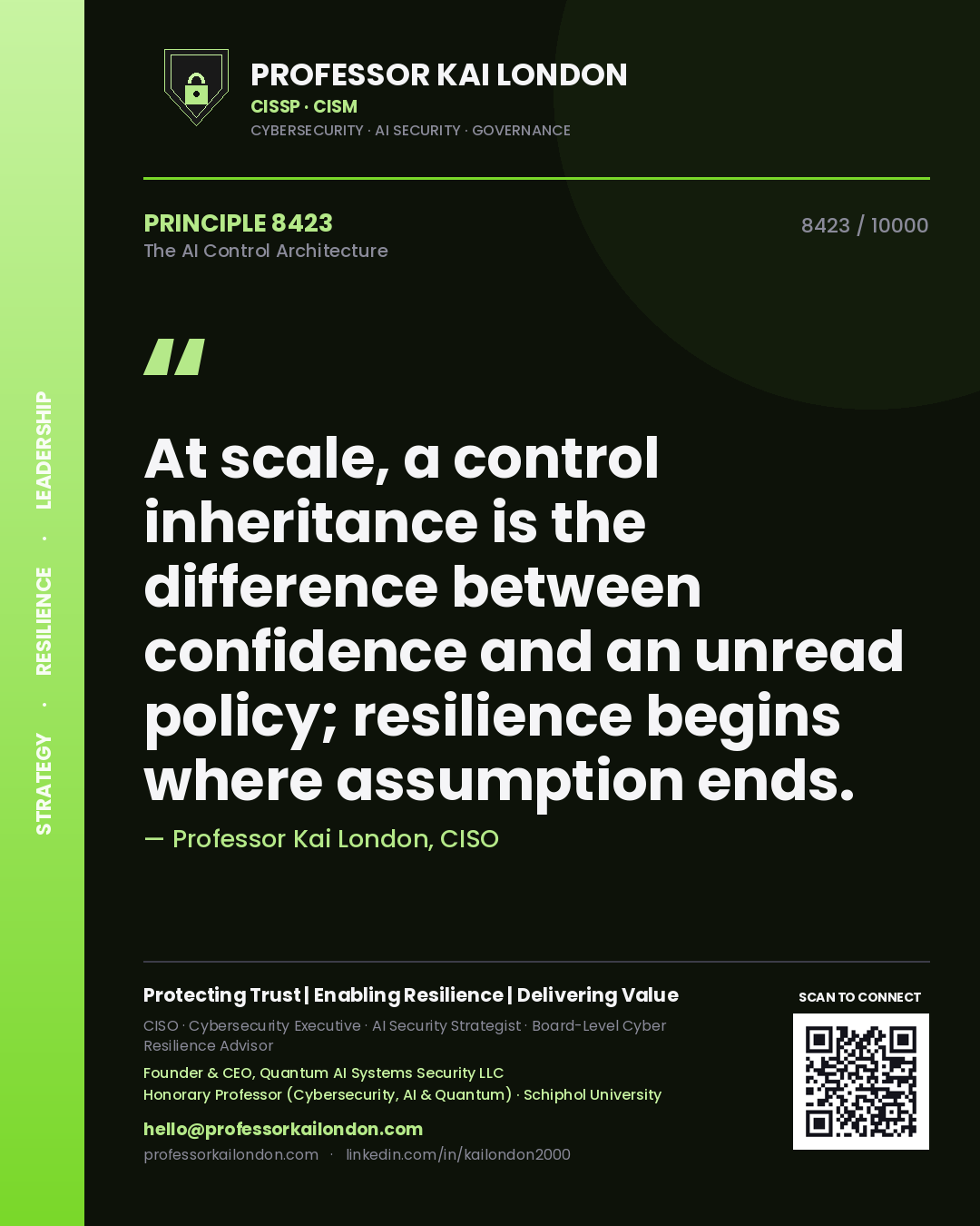 Quote card by Professor Kai London reading 'At scale, a control inheritance is the difference between confidence and an unread policy; resilience begins where assumption ends.'. From the book The AI Control Architecture.
