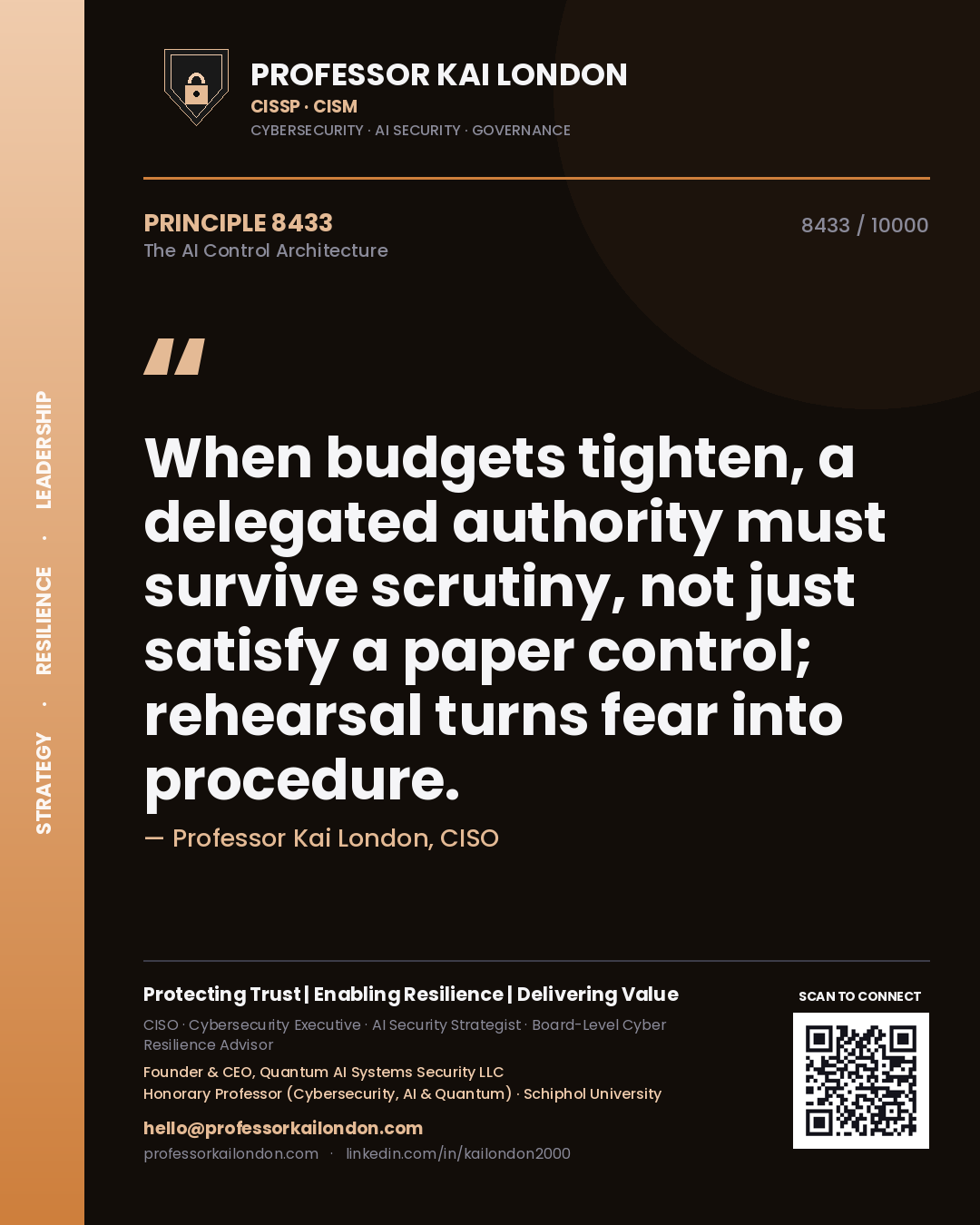 Professor Kai London principle 8433: When budgets tighten, a delegated authority must survive scrutiny, not just satisfy a paper control; rehearsal turns fear into procedure.