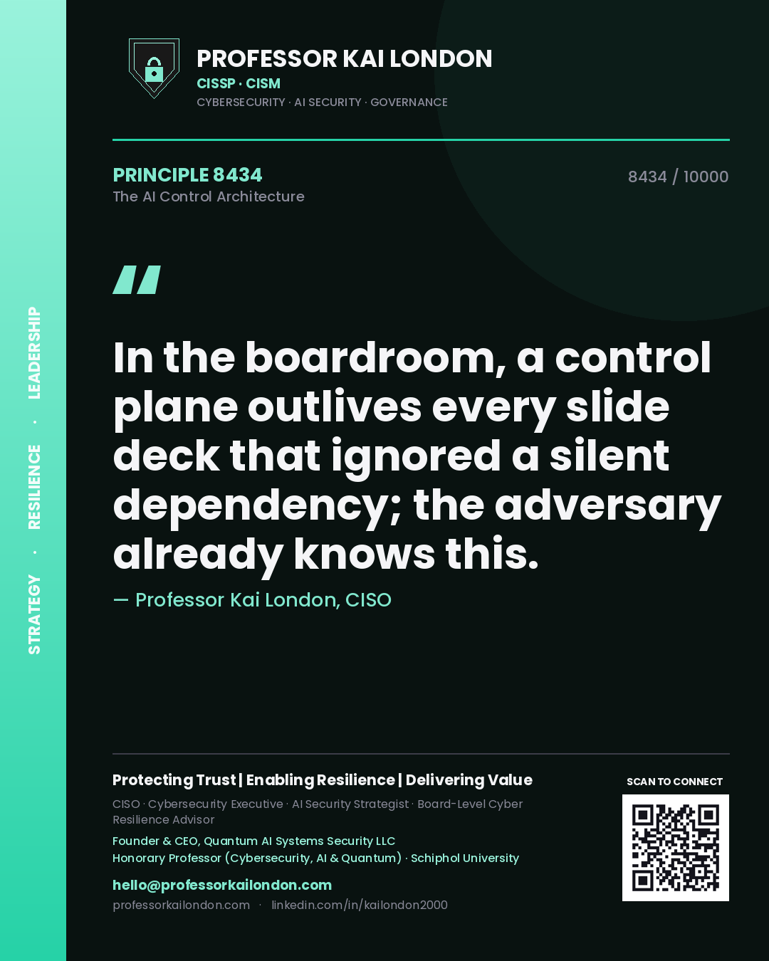 Professor Kai London principle 8434: In the boardroom, a control plane outlives every slide deck that ignored a silent dependency; the adversary already knows this.