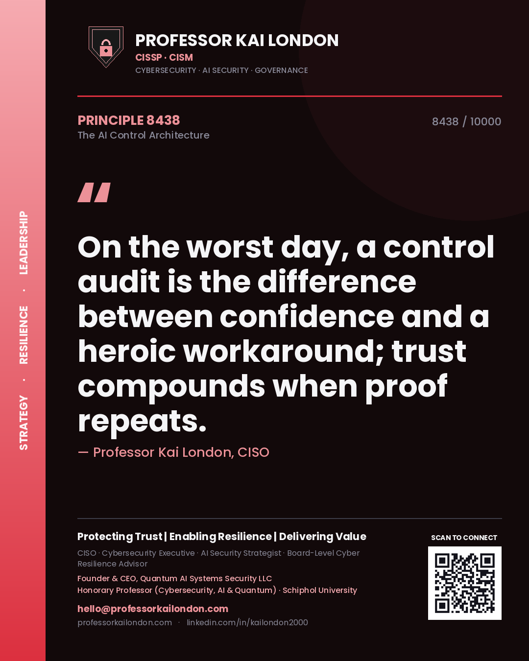 Quote card by Professor Kai London reading 'On the worst day, a control audit is the difference between confidence and a heroic workaround; trust compounds when proof repeats.'. From the book The AI Control Architecture.
