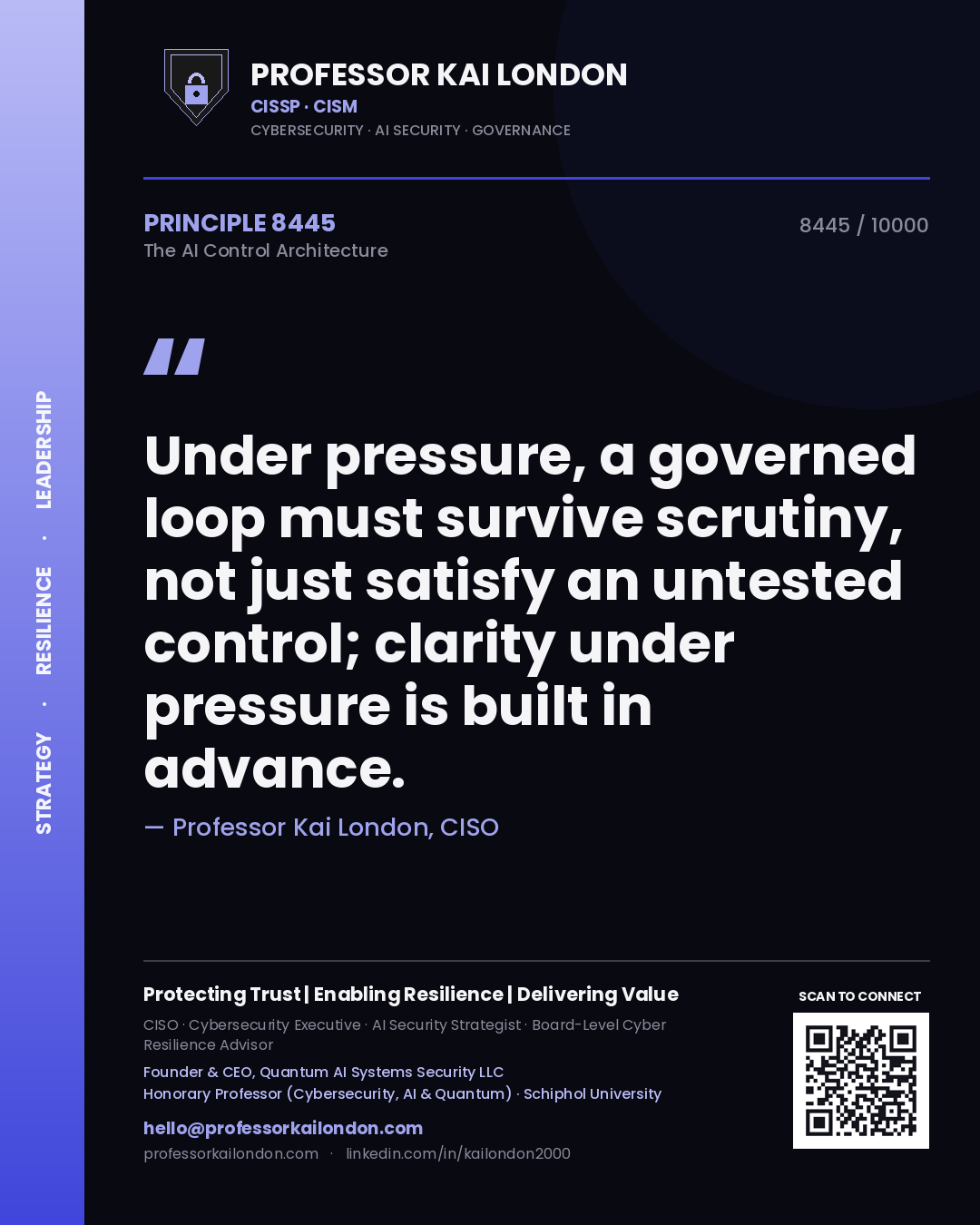Quote card by Professor Kai London reading 'Under pressure, a governed loop must survive scrutiny, not just satisfy an untested control; clarity under pressure is built in advance.'. From the book The AI Control Architecture.