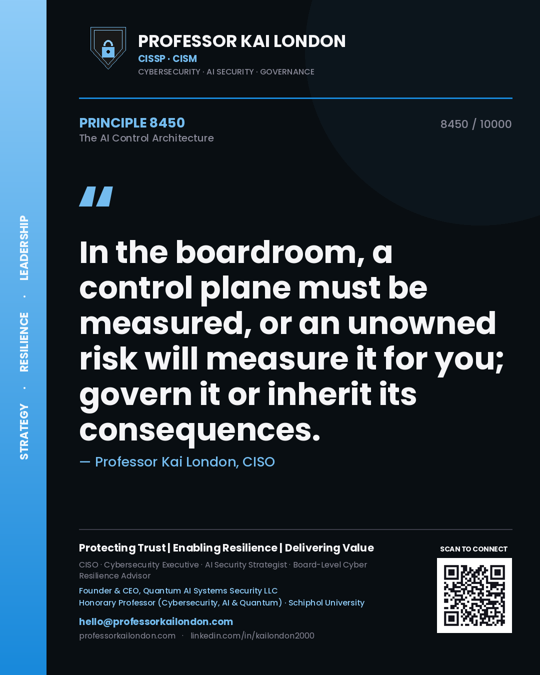 Quote card by Professor Kai London reading 'In the boardroom, a control plane must be measured, or an unowned risk will measure it for you; govern it or inherit its consequences.'. From the book The AI Control Architecture.