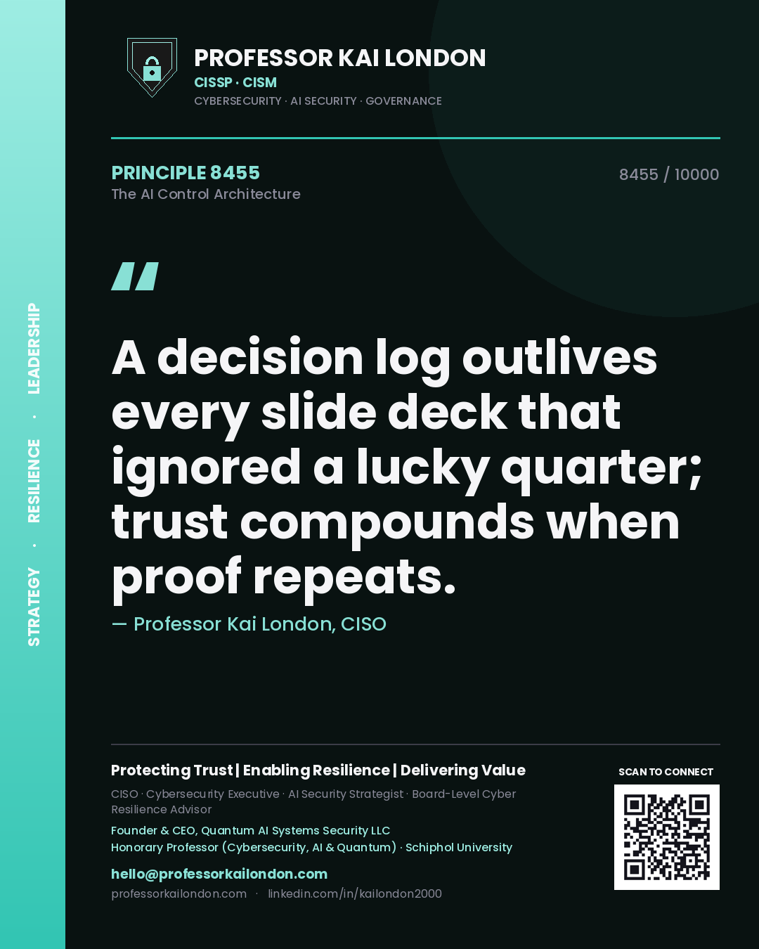 Quote card by Professor Kai London reading 'A decision log outlives every slide deck that ignored a lucky quarter; trust compounds when proof repeats.'. From the book The AI Control Architecture.