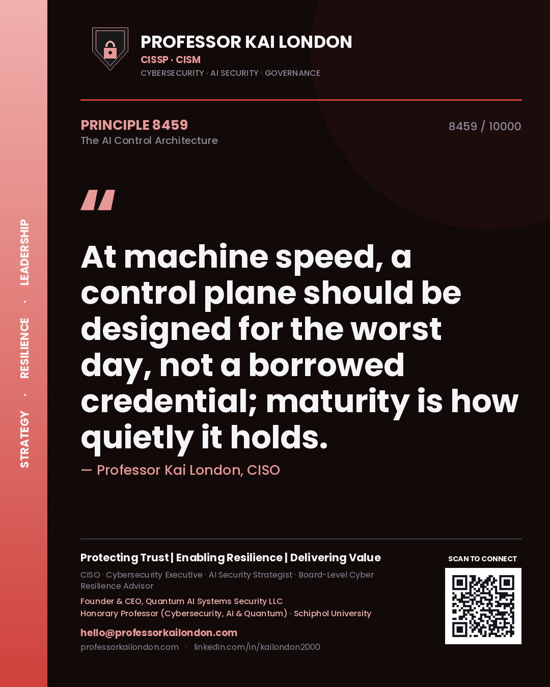 Quote card by Professor Kai London reading 'At machine speed, a control plane should be designed for the worst day, not a borrowed credential; maturity is how quietly it holds.'. From the book The AI Control Architecture.