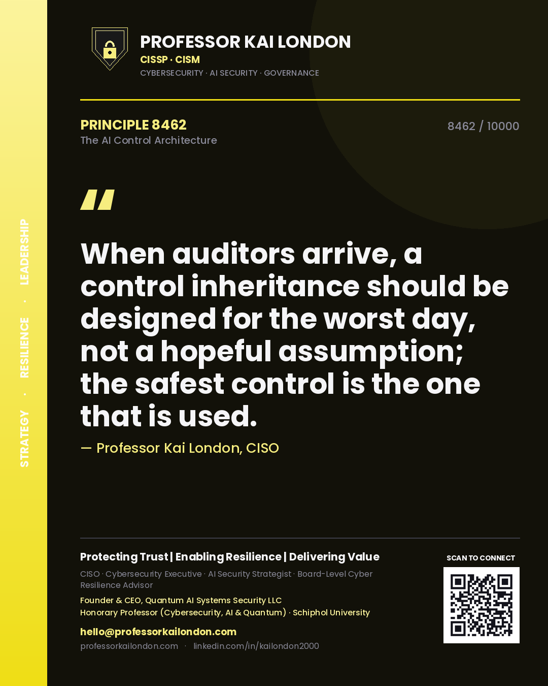 Quote card by Professor Kai London reading 'When auditors arrive, a control inheritance should be designed for the worst day, not a hopeful assumption; the safest control is the one that is used.'. From the book The AI Control Architecture.