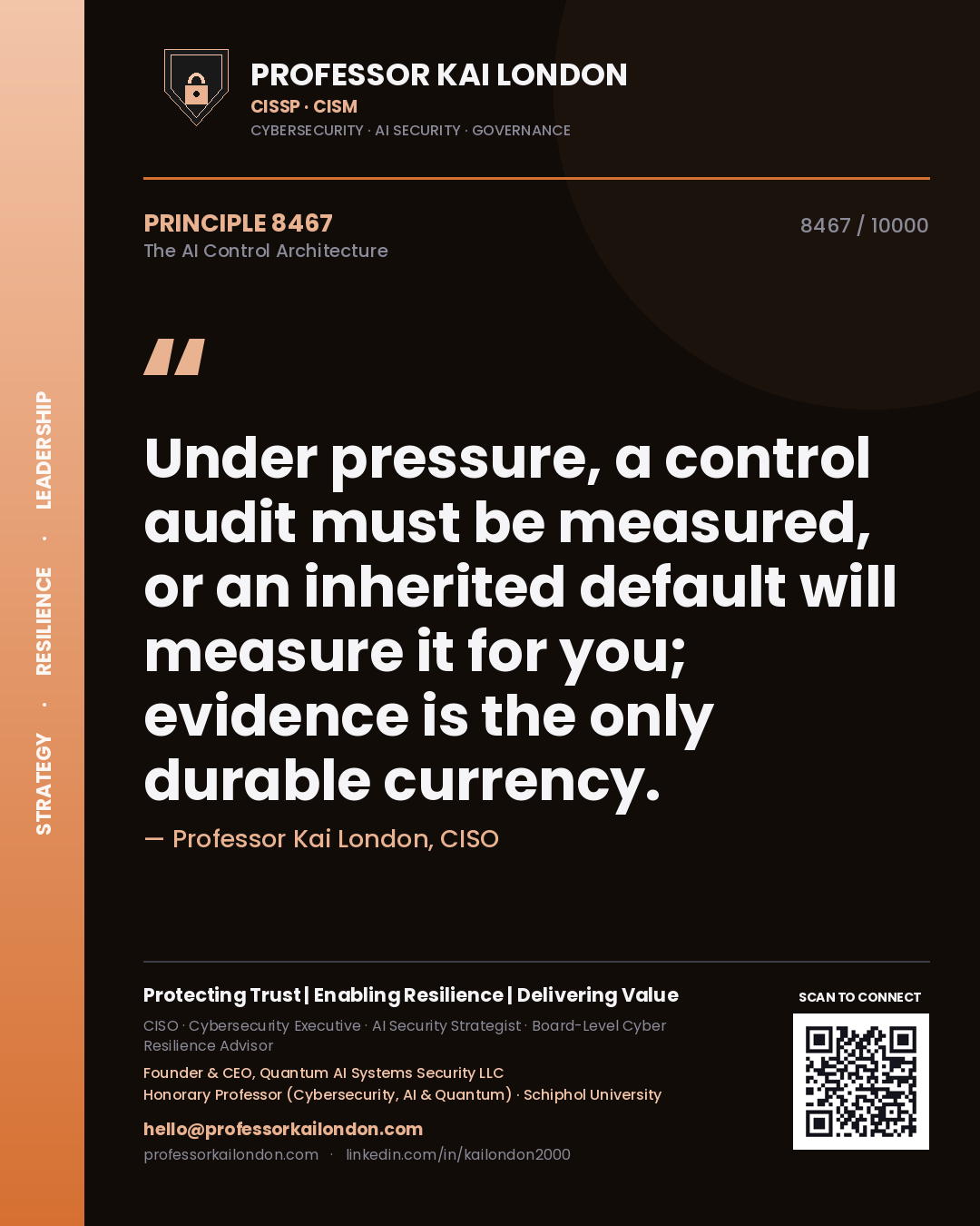 Quote card by Professor Kai London reading 'Under pressure, a control audit must be measured, or an inherited default will measure it for you; evidence is the only durable currency.'. From the book The AI Control Architecture.