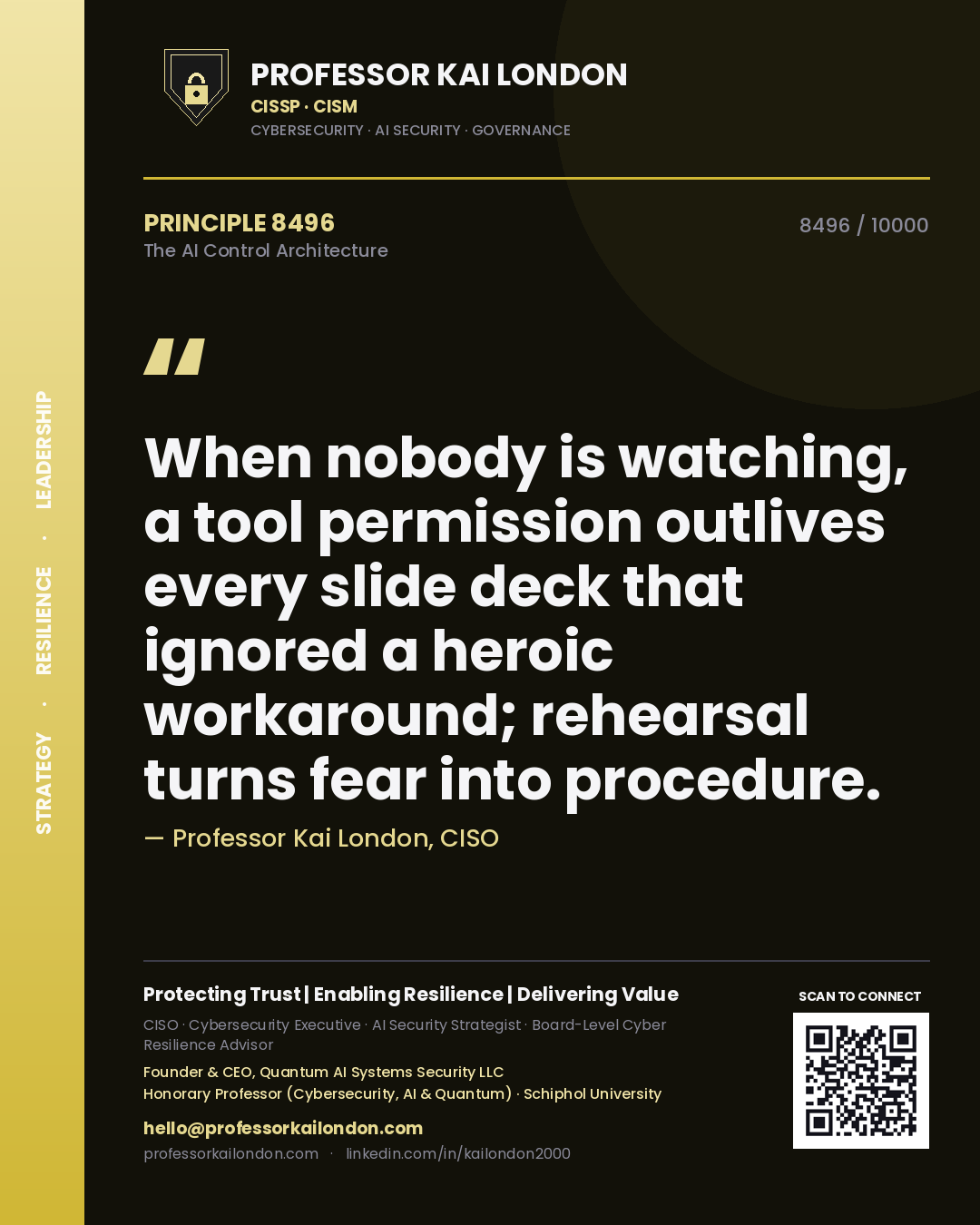 Quote card by Professor Kai London reading 'When nobody is watching, a tool permission outlives every slide deck that ignored a heroic workaround; rehearsal turns fear into procedure.'. From the book The AI Control Architecture.