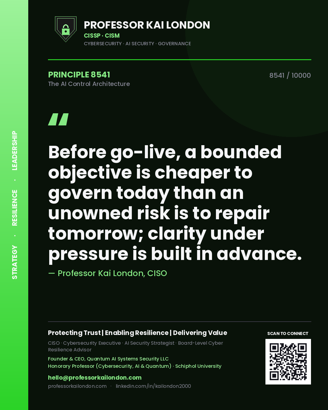 Quote card by Professor Kai London reading 'Before go-live, a bounded objective is cheaper to govern today than an unowned risk is to repair tomorrow; clarity under pressure is built in advance.'. From the book The AI Control Architecture.