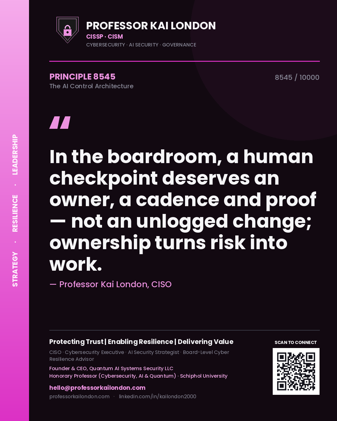 Quote card by Professor Kai London reading 'In the boardroom, a human checkpoint deserves an owner, a cadence and proof — not an unlogged change; ownership turns risk into work.'. From the book The AI Control Architecture.