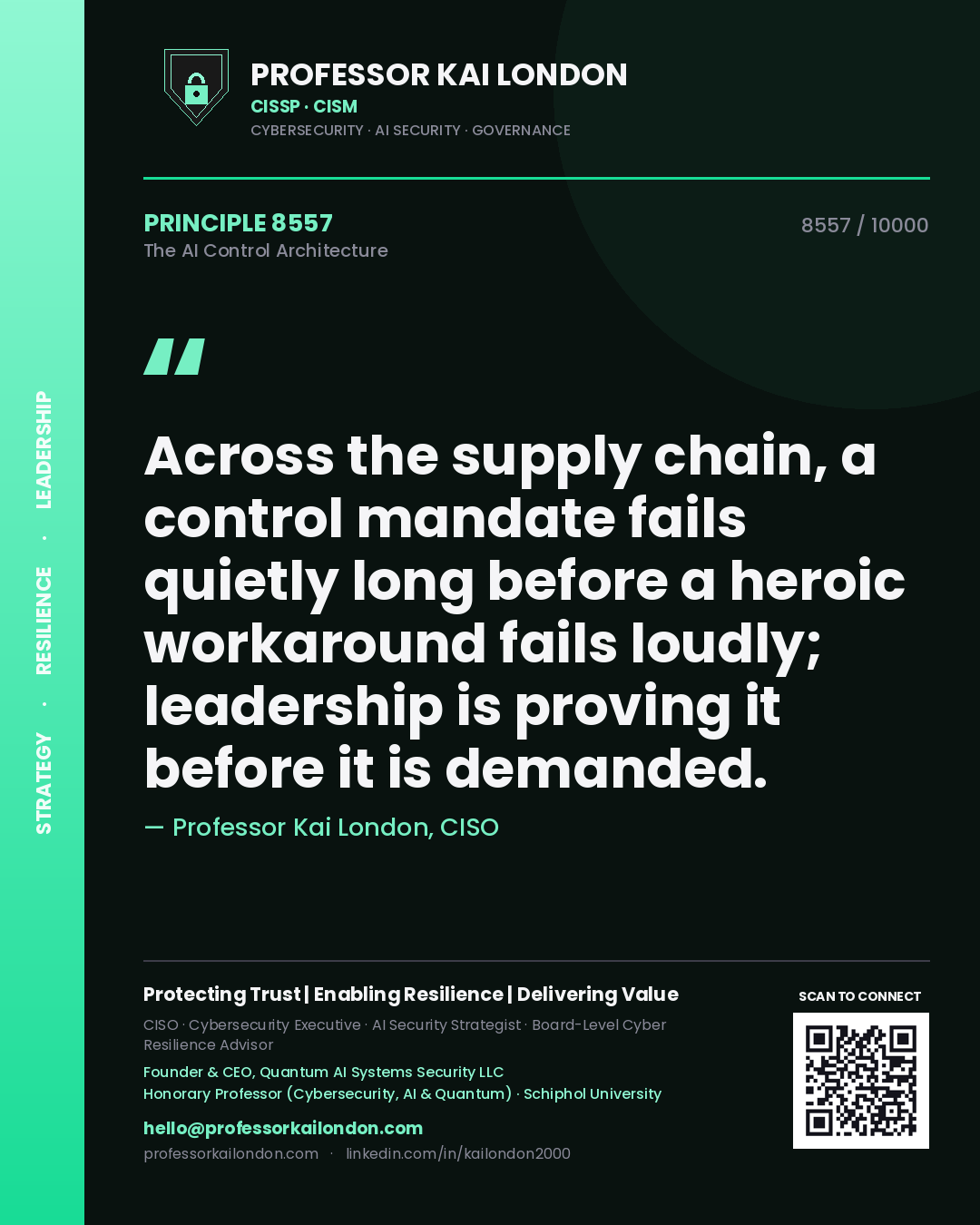 Quote card by Professor Kai London reading 'Across the supply chain, a control mandate fails quietly long before a heroic workaround fails loudly; leadership is proving it before it is demanded.'. From the book The AI Control Architecture.