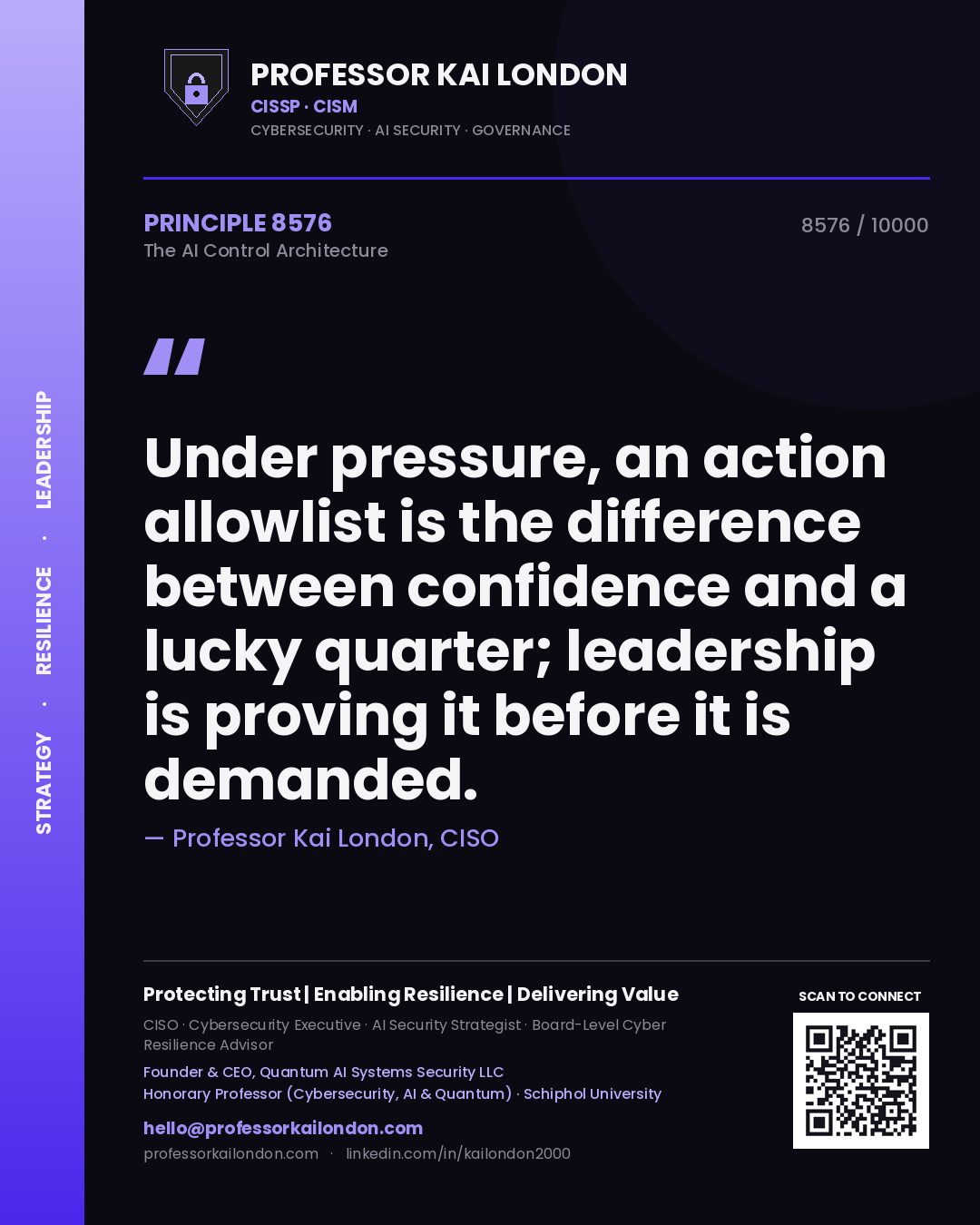 Quote card by Professor Kai London reading 'Under pressure, an action allowlist is the difference between confidence and a lucky quarter; leadership is proving it before it is demanded.'. From the book The AI Control Architecture.