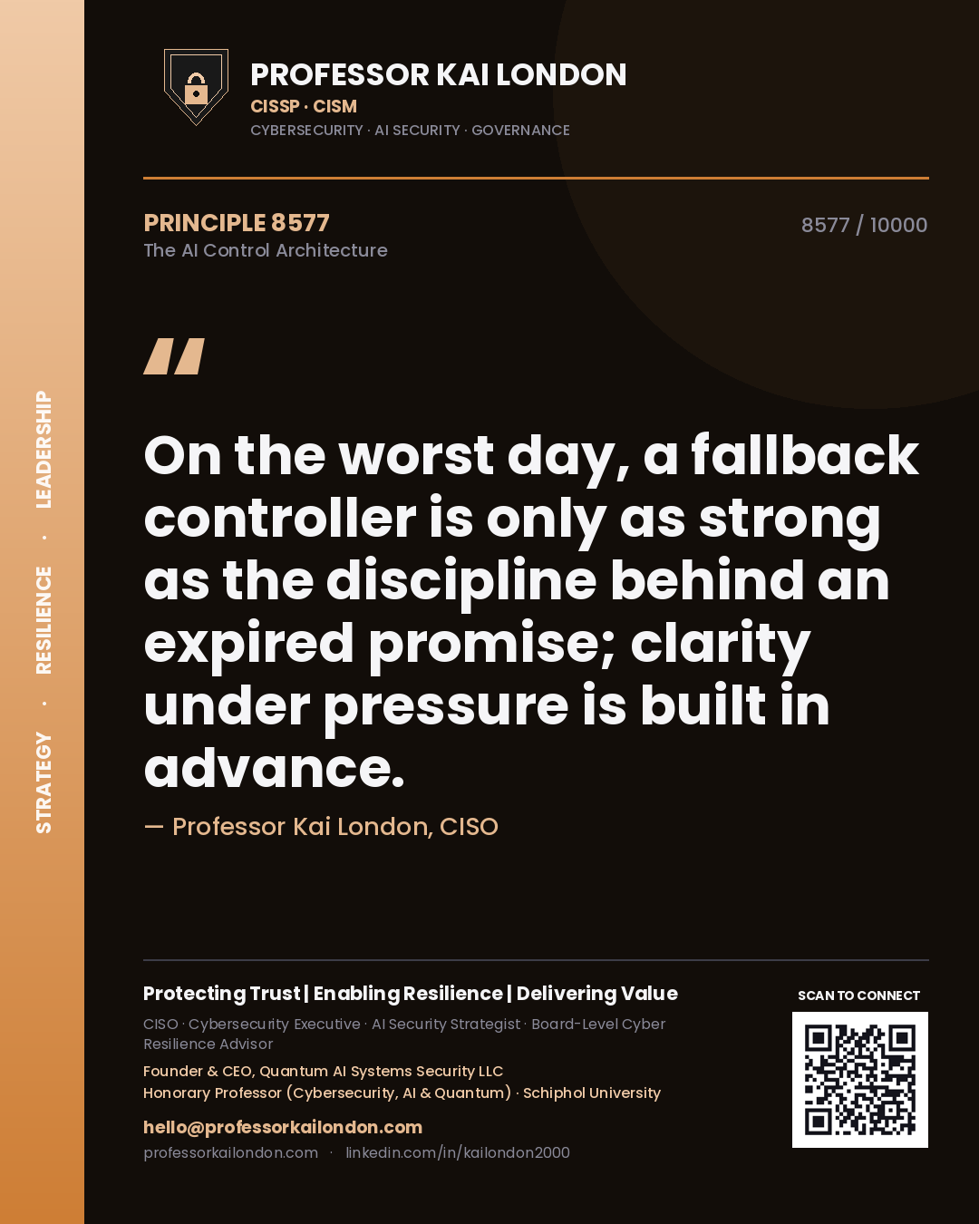 Quote card by Professor Kai London reading 'On the worst day, a fallback controller is only as strong as the discipline behind an expired promise; clarity under pressure is built in advance.'. From the book The AI Control Architecture.