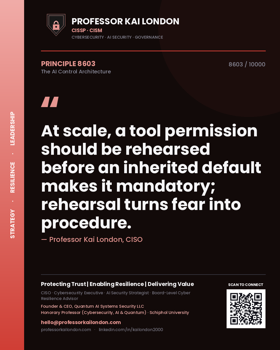 Quote card by Professor Kai London reading 'At scale, a tool permission should be rehearsed before an inherited default makes it mandatory; rehearsal turns fear into procedure.'. From the book The AI Control Architecture.
