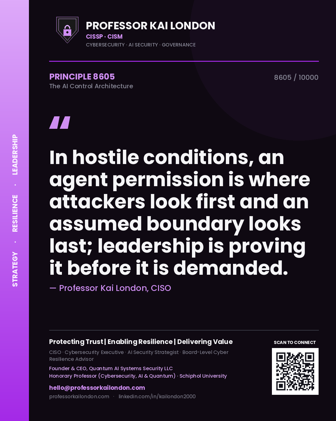 Quote card by Professor Kai London reading 'In hostile conditions, an agent permission is where attackers look first and an assumed boundary looks last; leadership is proving it before it is demanded.'. From the book The AI Control Architecture.
