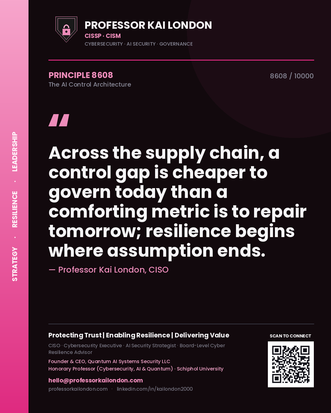 Professor Kai London principle 8608: Across the supply chain, a control gap is cheaper to govern today than a comforting metric is to repair tomorrow; resilience begins where assumption ends.