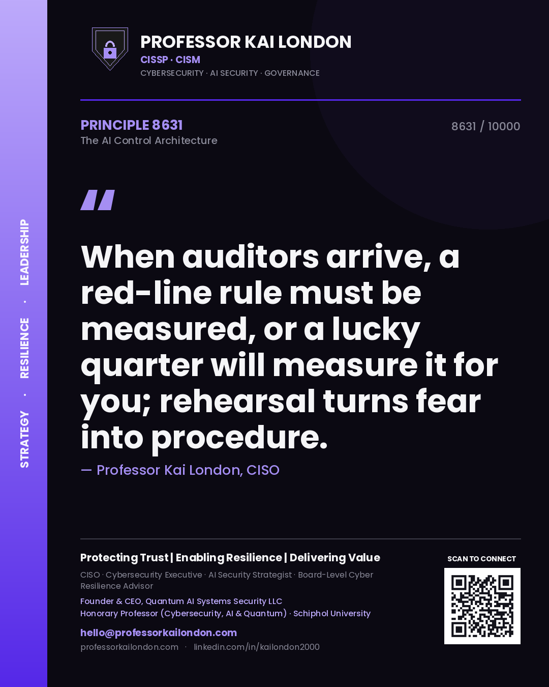 Quote card by Professor Kai London reading 'When auditors arrive, a red-line rule must be measured, or a lucky quarter will measure it for you; rehearsal turns fear into procedure.'. From the book The AI Control Architecture.