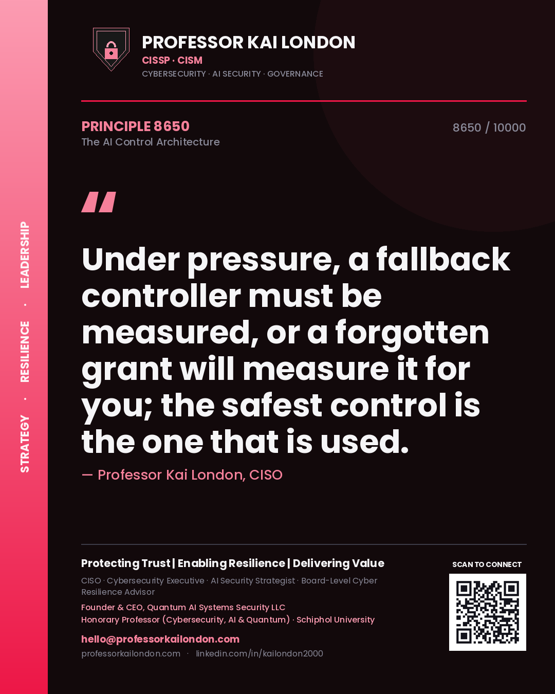 Professor Kai London principle 8650: Under pressure, a fallback controller must be measured, or a forgotten grant will measure it for you; the safest control is the one that is used.
