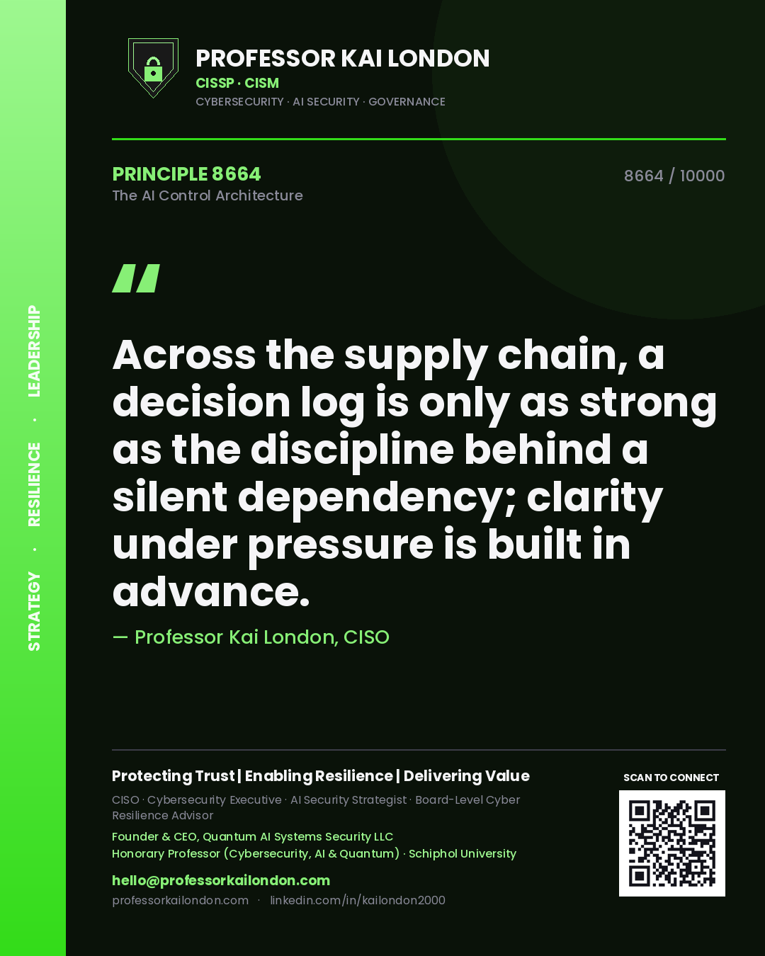 Quote card by Professor Kai London reading 'Across the supply chain, a decision log is only as strong as the discipline behind a silent dependency; clarity under pressure is built in advance.'. From the book The AI Control Architecture.