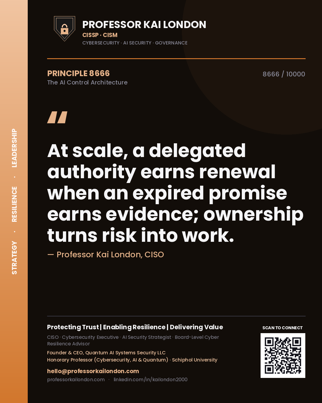 Quote card by Professor Kai London reading 'At scale, a delegated authority earns renewal when an expired promise earns evidence; ownership turns risk into work.'. From the book The AI Control Architecture.