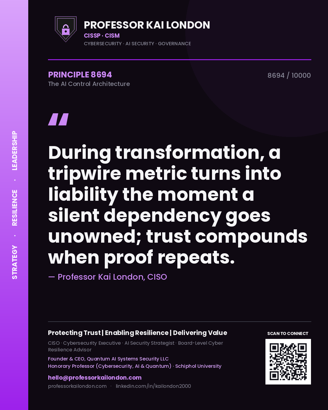 Quote card by Professor Kai London reading 'During transformation, a tripwire metric turns into liability the moment a silent dependency goes unowned; trust compounds when proof repeats.'. From the book The AI Control Architecture.