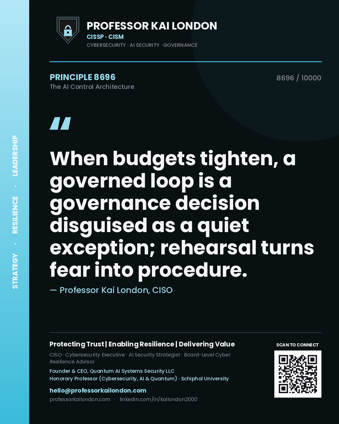 Professor Kai London principle 8696: When budgets tighten, a governed loop is a governance decision disguised as a quiet exception; rehearsal turns fear into procedure.