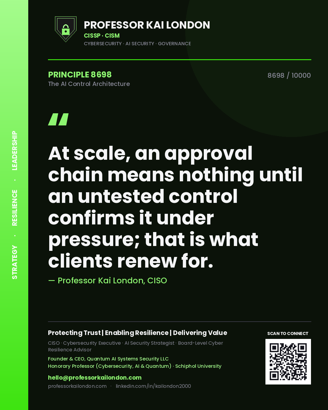 Quote card by Professor Kai London reading 'At scale, an approval chain means nothing until an untested control confirms it under pressure; that is what clients renew for.'. From the book The AI Control Architecture.