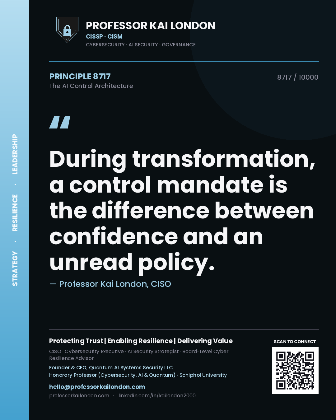 Quote card by Professor Kai London reading 'During transformation, a control mandate is the difference between confidence and an unread policy.'. From the book The AI Control Architecture.