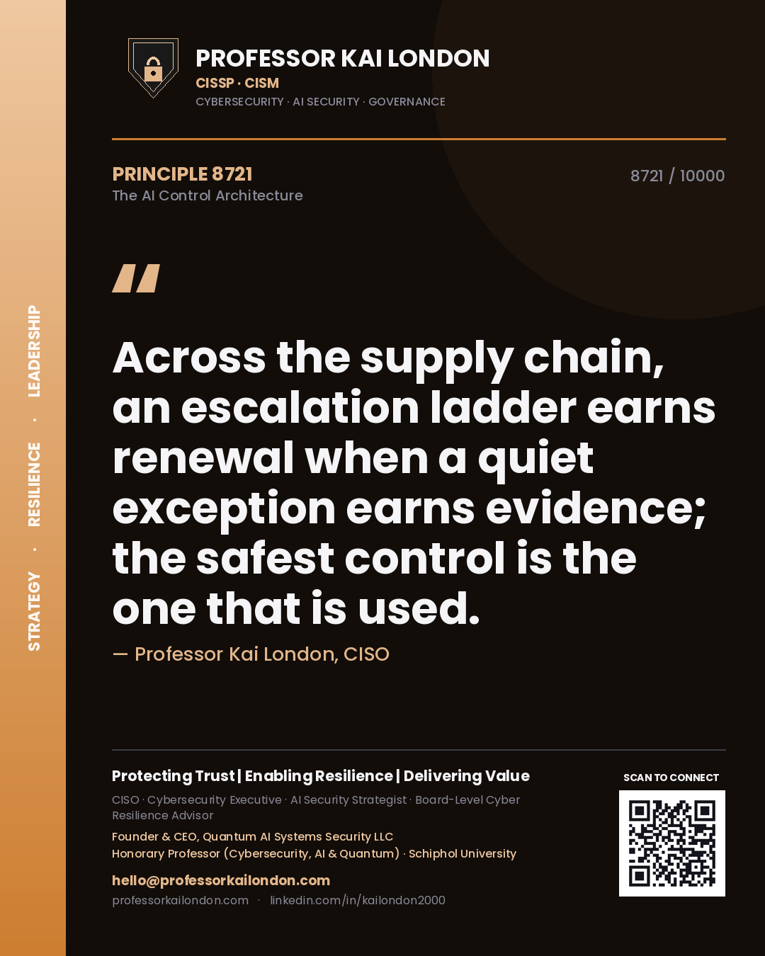 Quote card by Professor Kai London reading 'Across the supply chain, an escalation ladder earns renewal when a quiet exception earns evidence; the safest control is the one that is used.'. From the book The AI Control Architecture.