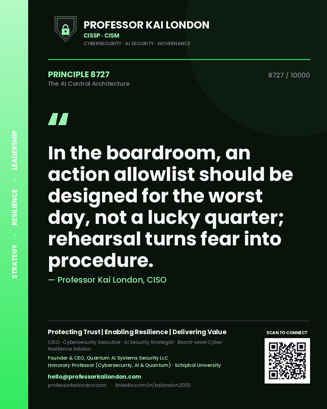 Professor Kai London principle 8727: In the boardroom, an action allowlist should be designed for the worst day, not a lucky quarter; rehearsal turns fear into procedure.
