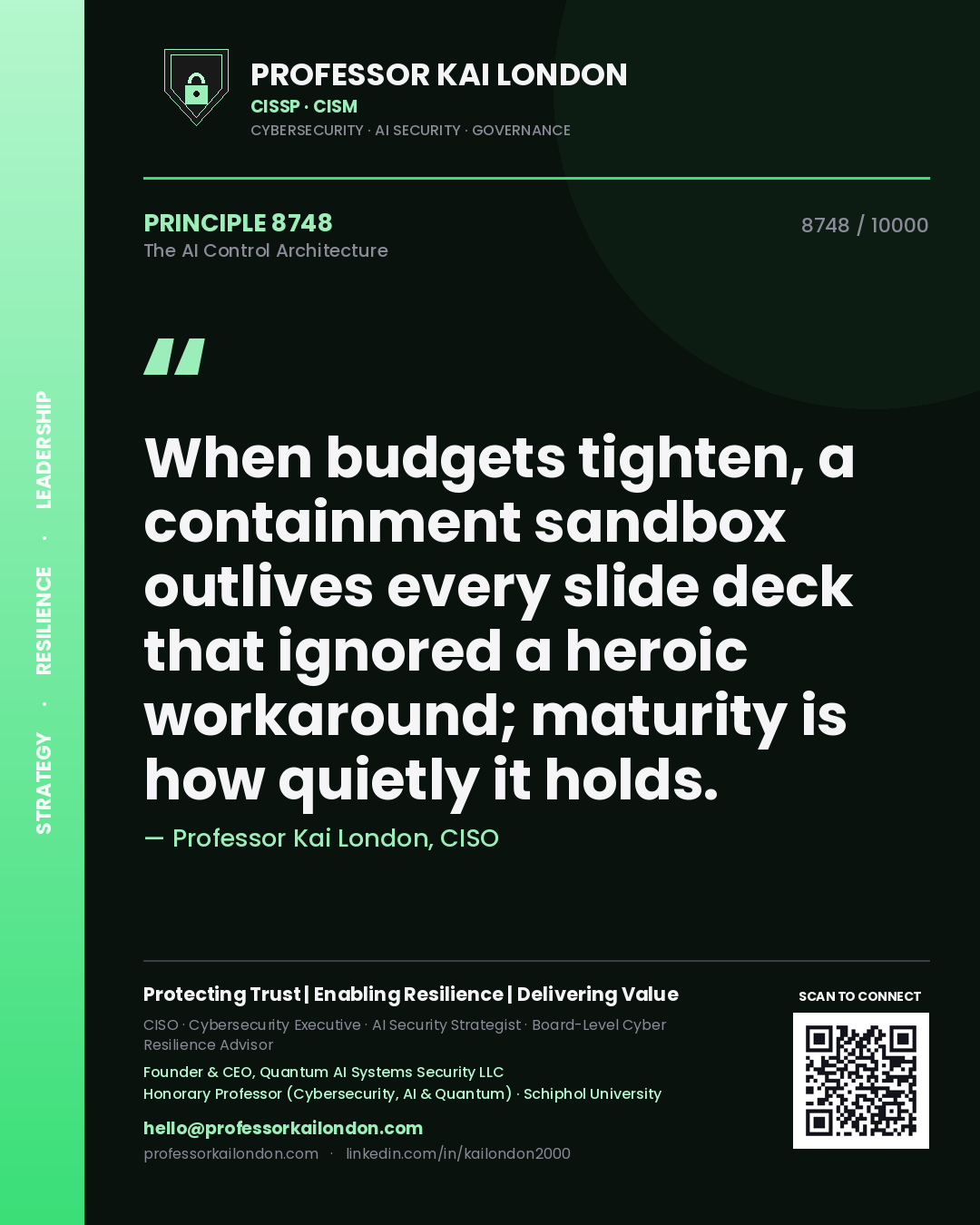 Professor Kai London principle 8748: When budgets tighten, a containment sandbox outlives every slide deck that ignored a heroic workaround; maturity is how quietly it holds.