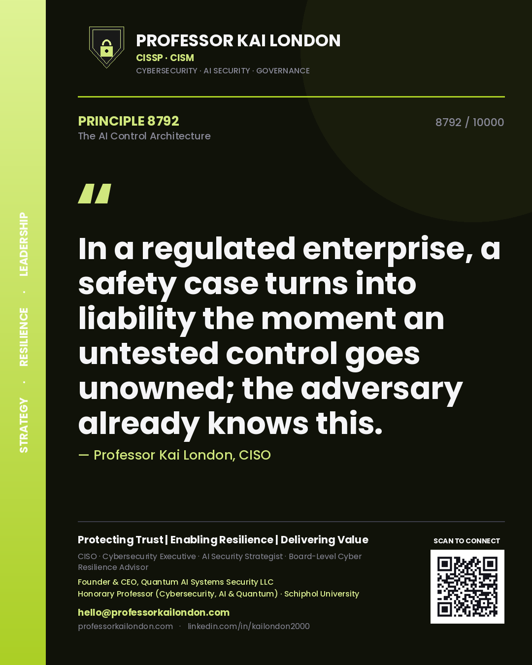 Quote card by Professor Kai London reading 'In a regulated enterprise, a safety case turns into liability the moment an untested control goes unowned; the adversary already knows this.'. From the book The AI Control Architecture.