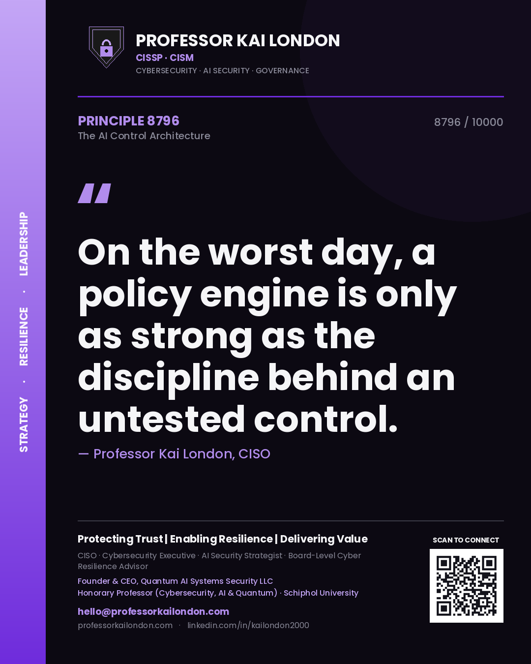 Professor Kai London principle 8796: On the worst day, a policy engine is only as strong as the discipline behind an untested control.