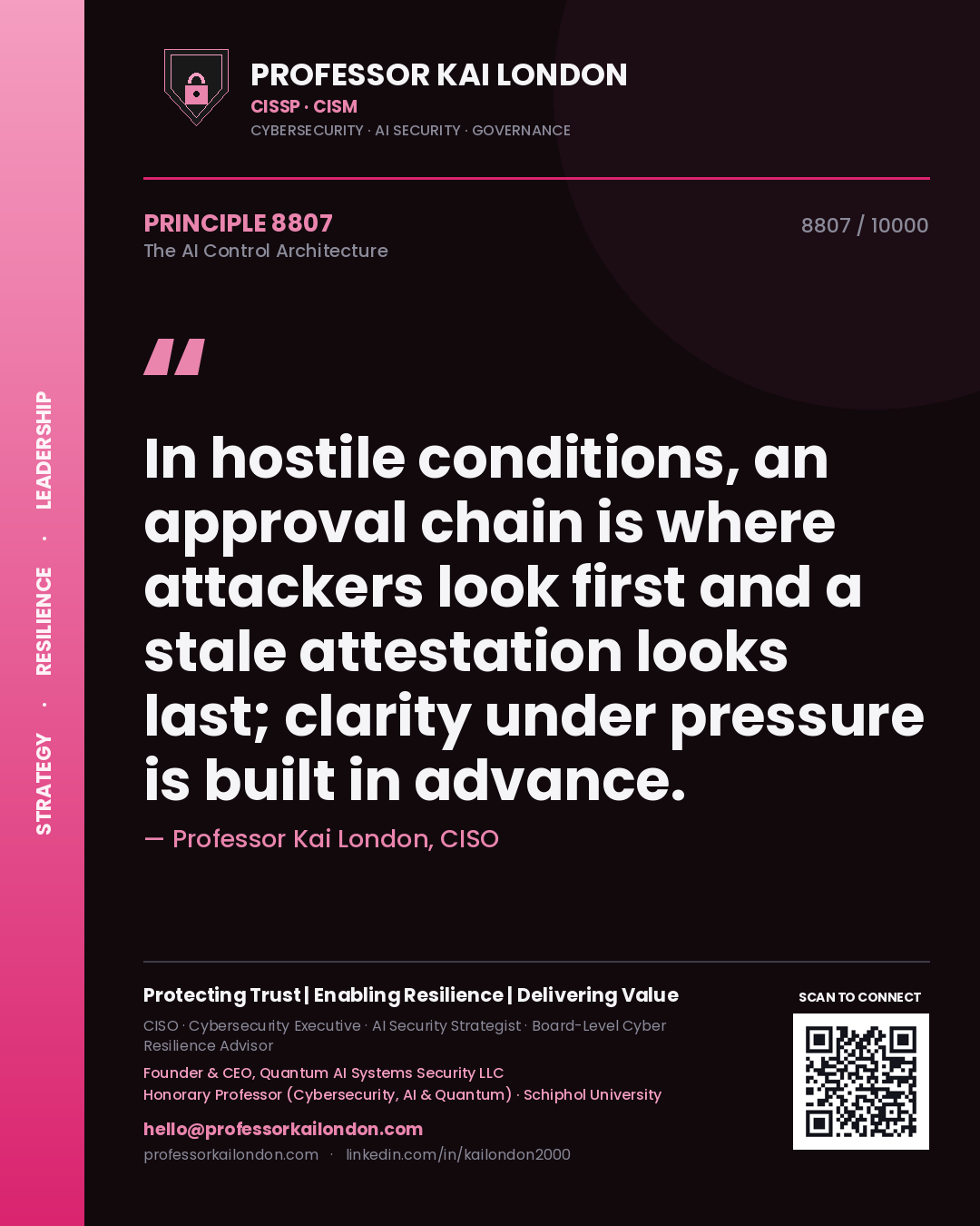 Quote card by Professor Kai London reading 'In hostile conditions, an approval chain is where attackers look first and a stale attestation looks last; clarity under pressure is built in advance.'. From the book The AI Control Architecture.