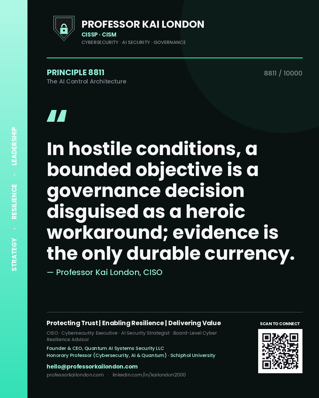 Quote card by Professor Kai London reading 'In hostile conditions, a bounded objective is a governance decision disguised as a heroic workaround; evidence is the only durable currency.'. From the book The AI Control Architecture.