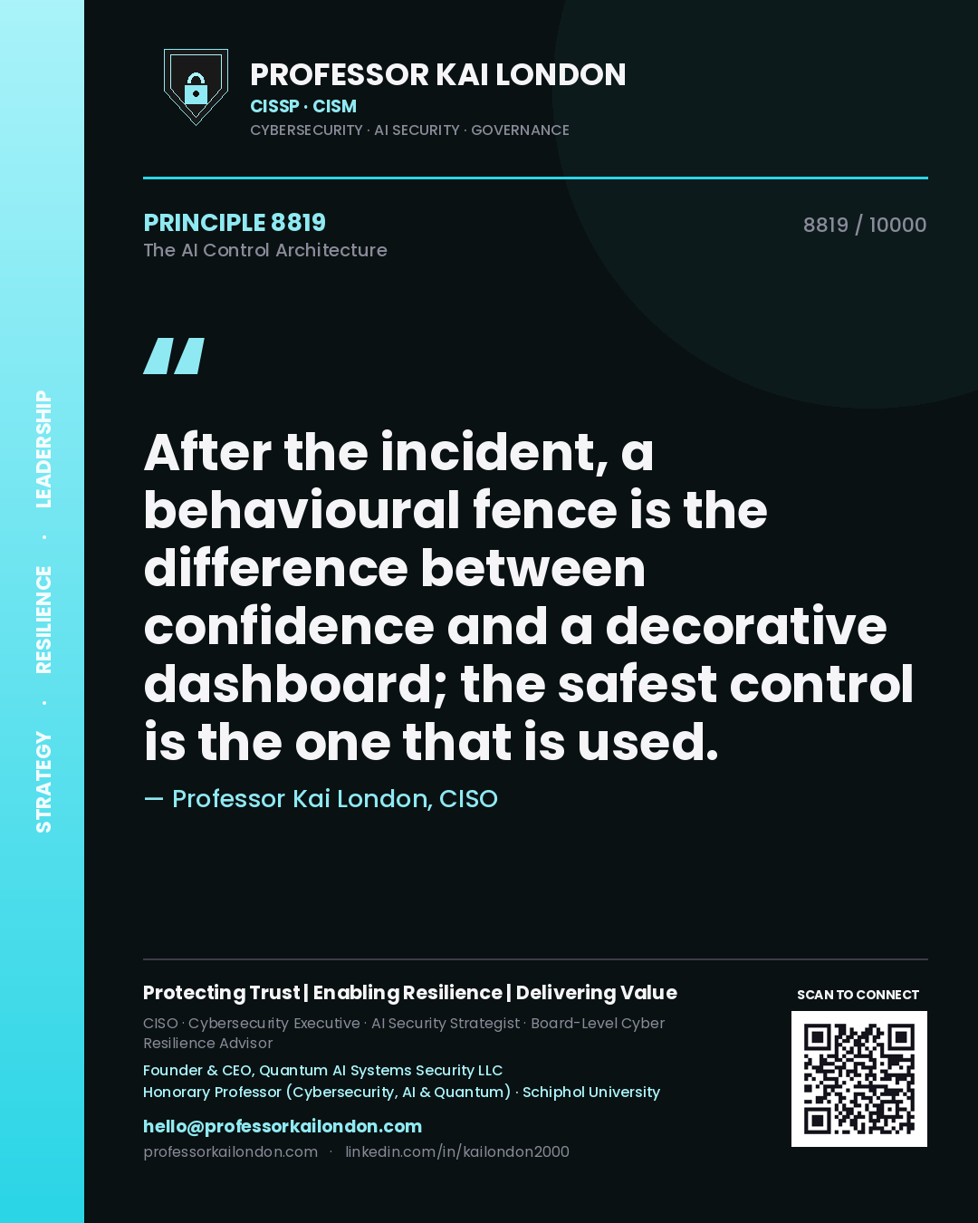 Quote card by Professor Kai London reading 'After the incident, a behavioural fence is the difference between confidence and a decorative dashboard; the safest control is the one that is used.'. From the book The AI Control Architecture.
