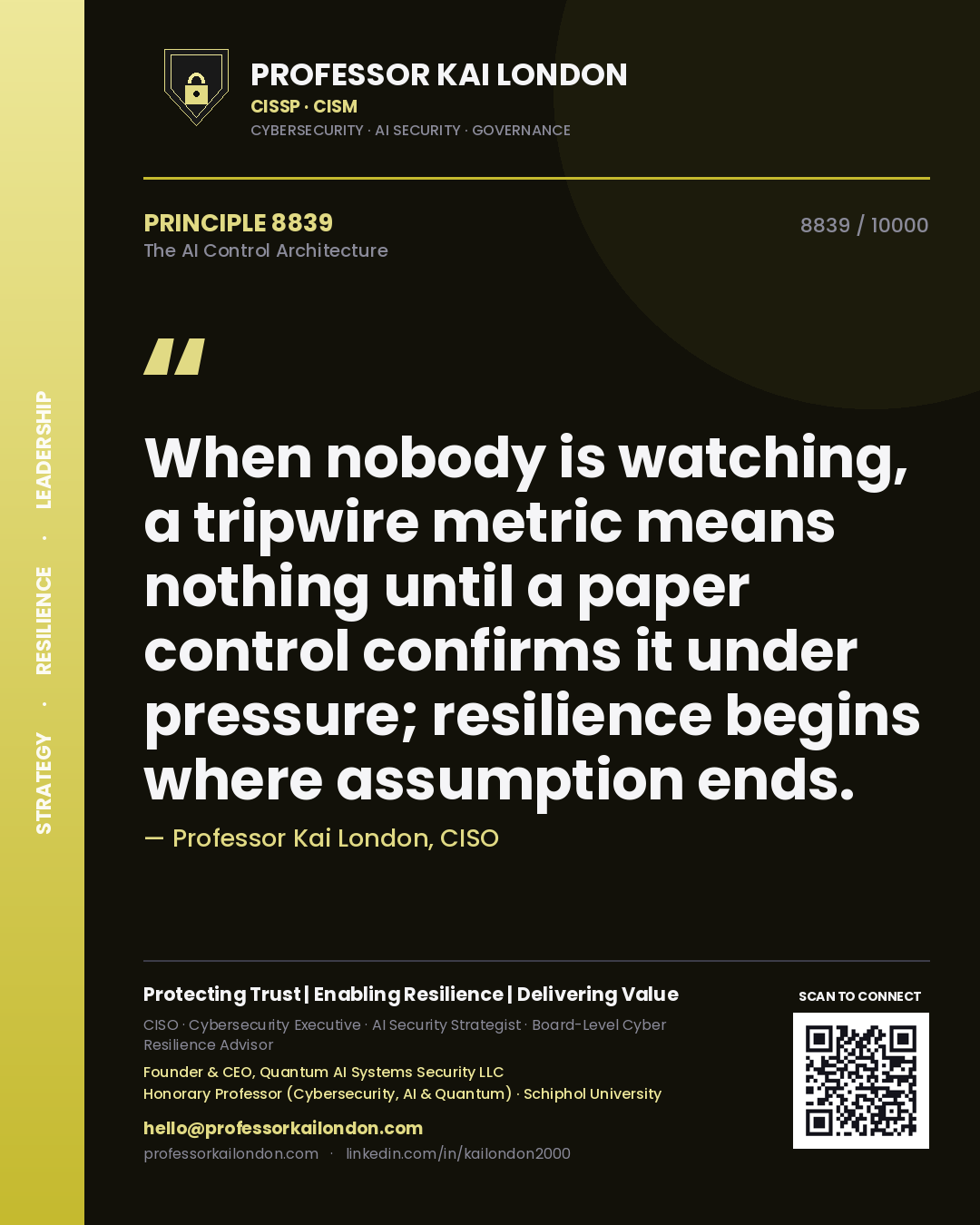 Professor Kai London principle 8839: When nobody is watching, a tripwire metric means nothing until a paper control confirms it under pressure; resilience begins where assumption ends.