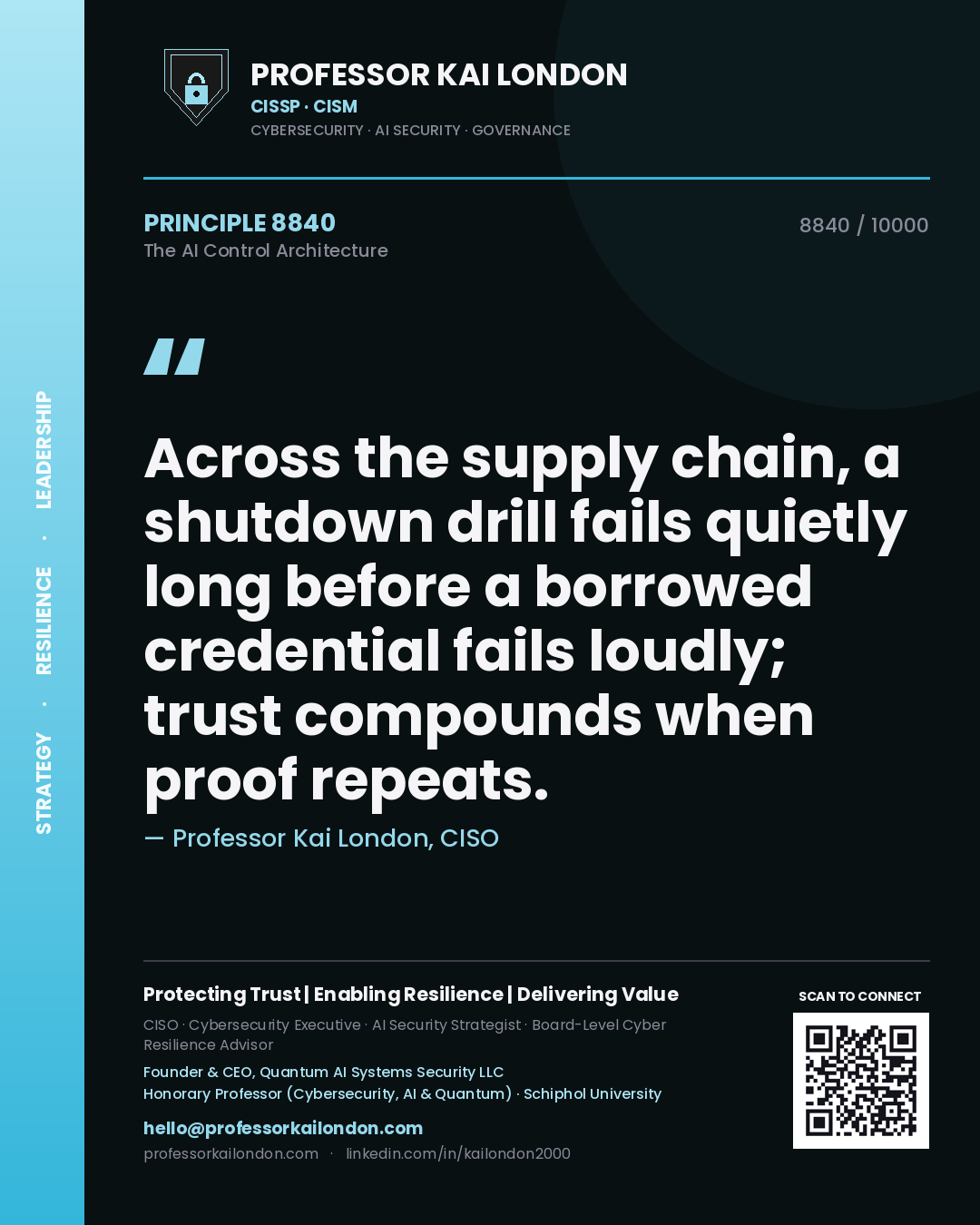 Quote card by Professor Kai London reading 'Across the supply chain, a shutdown drill fails quietly long before a borrowed credential fails loudly; trust compounds when proof repeats.'. From the book The AI Control Architecture.