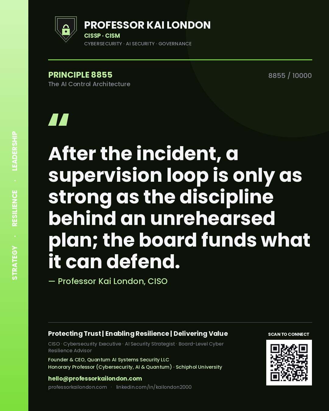 Quote card by Professor Kai London reading 'After the incident, a supervision loop is only as strong as the discipline behind an unrehearsed plan; the board funds what it can defend.'. From the book The AI Control Architecture.