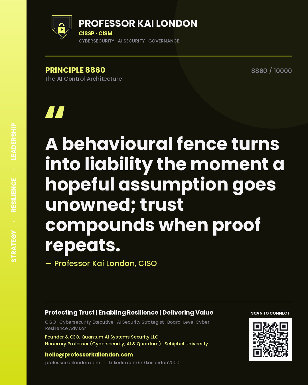 Quote card by Professor Kai London reading 'A behavioural fence turns into liability the moment a hopeful assumption goes unowned; trust compounds when proof repeats.'. From the book The AI Control Architecture.