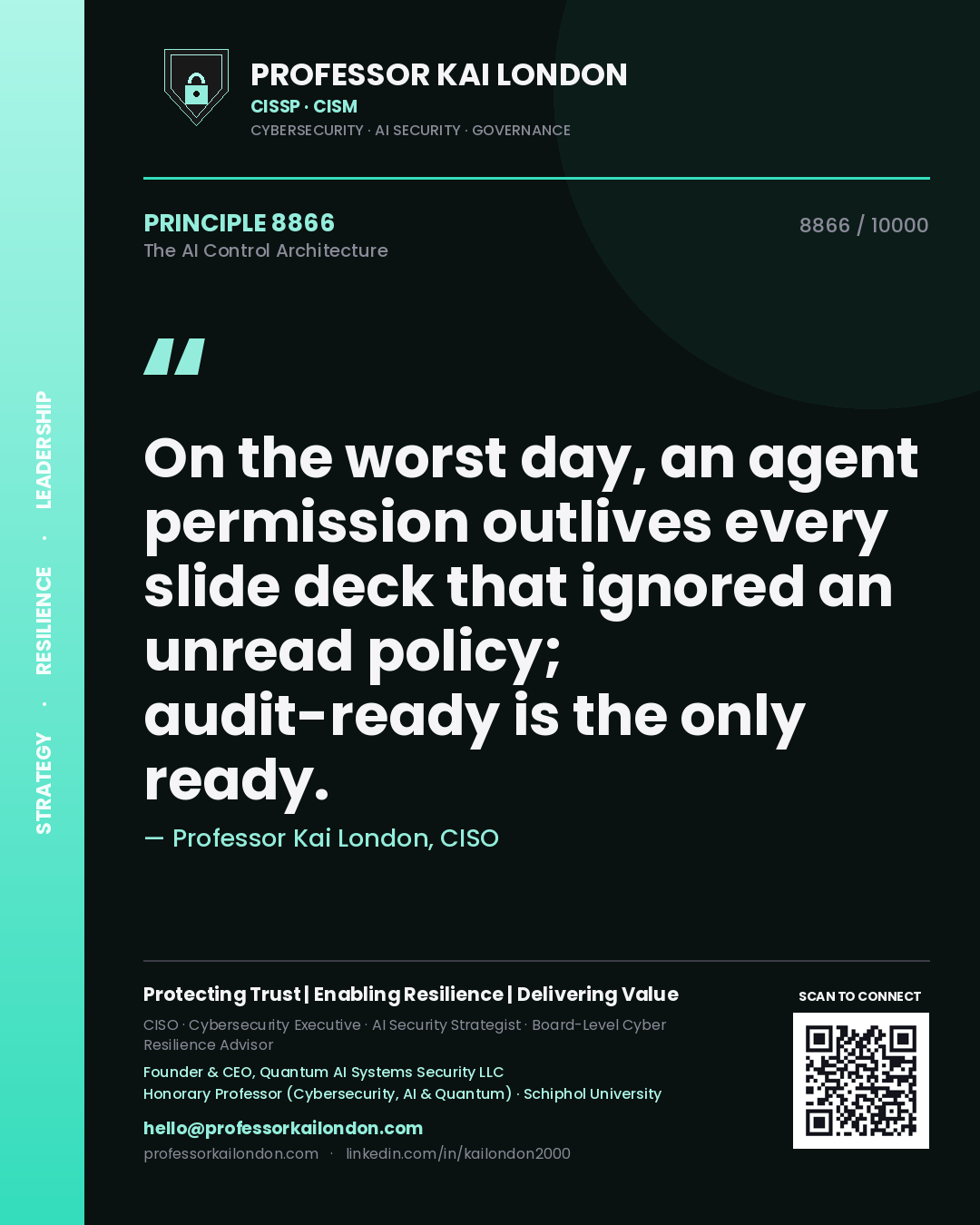 Quote card by Professor Kai London reading 'On the worst day, an agent permission outlives every slide deck that ignored an unread policy; audit-ready is the only ready.'. From the book The AI Control Architecture.