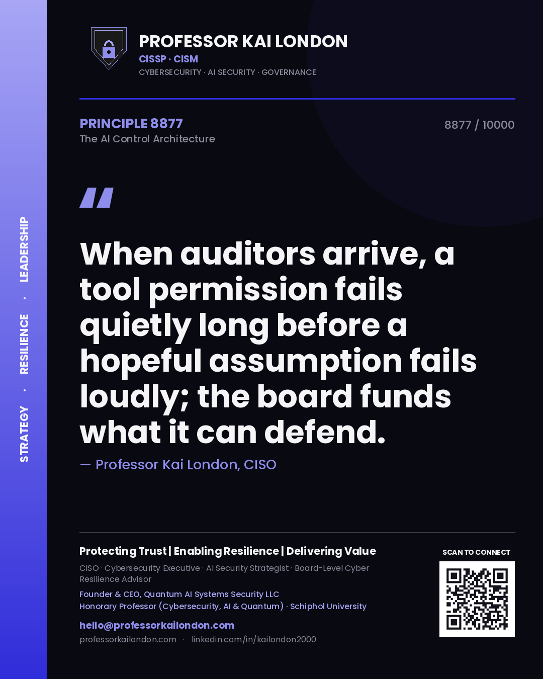 Quote card by Professor Kai London reading 'When auditors arrive, a tool permission fails quietly long before a hopeful assumption fails loudly; the board funds what it can defend.'. From the book The AI Control Architecture.
