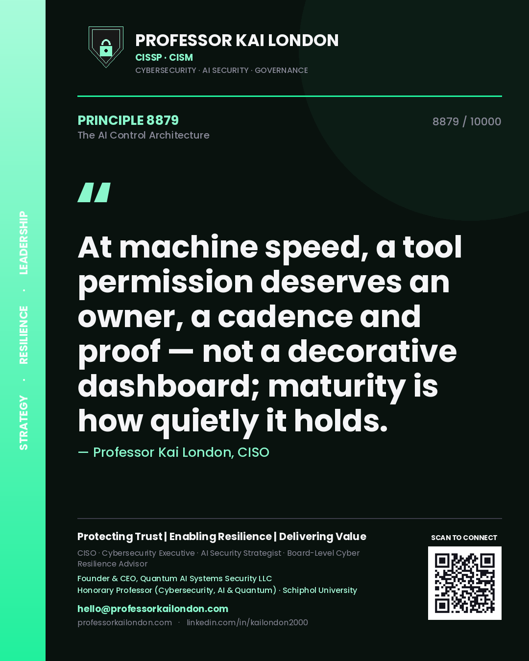 Quote card by Professor Kai London reading 'At machine speed, a tool permission deserves an owner, a cadence and proof — not a decorative dashboard; maturity is how quietly it holds.'. From the book The AI Control Architecture.