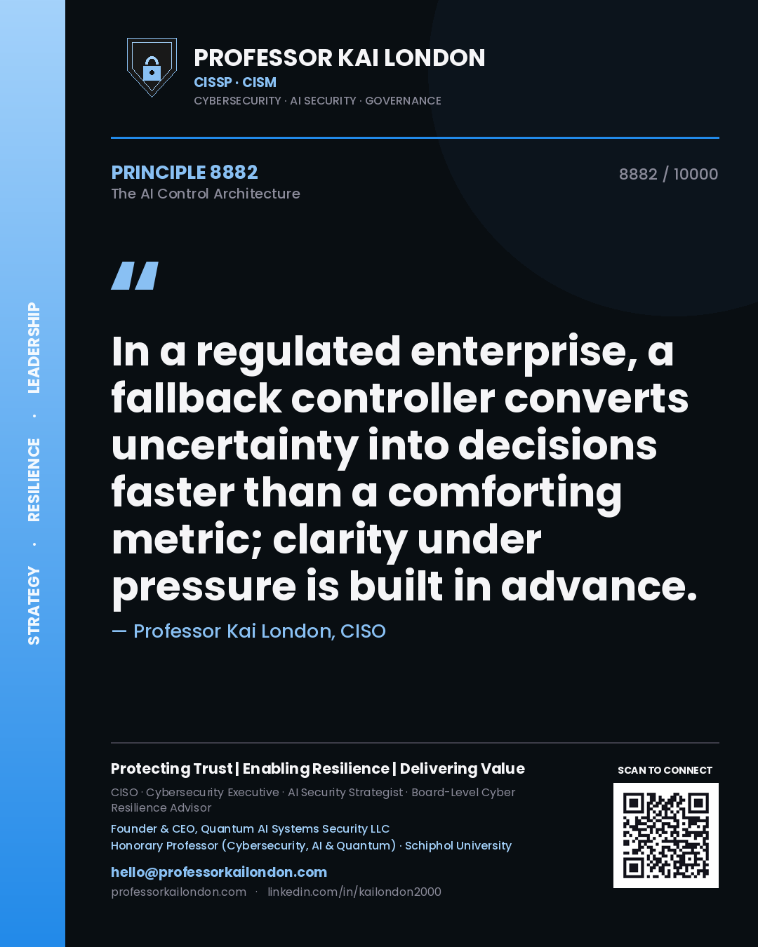 Quote card by Professor Kai London reading 'In a regulated enterprise, a fallback controller converts uncertainty into decisions faster than a comforting metric; clarity under pressure is built in advance.'. From the book The AI Control Architecture.