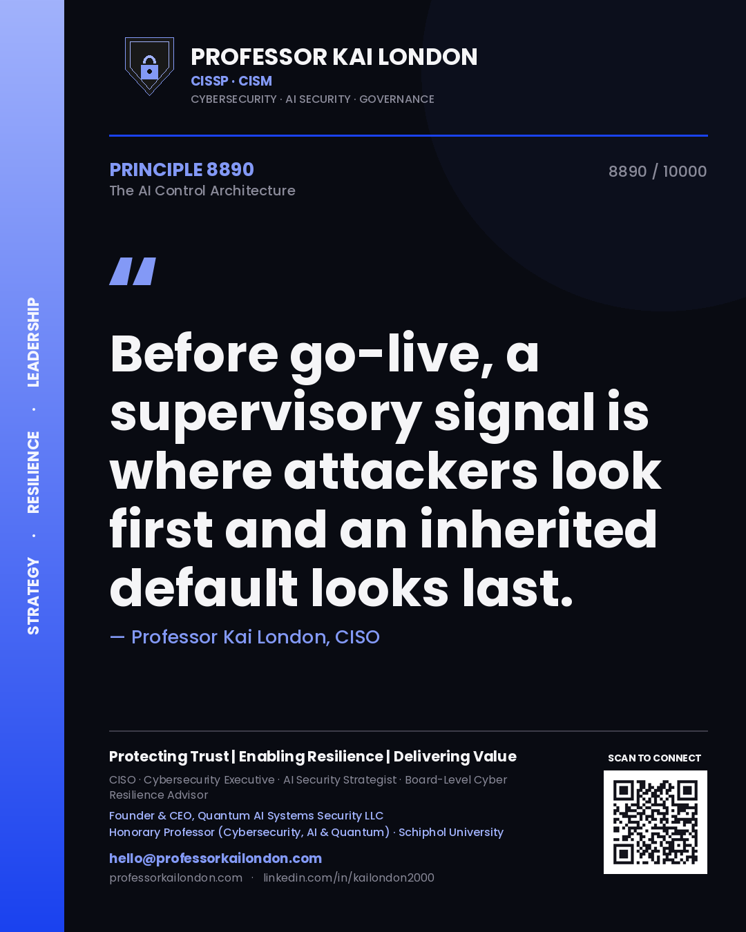 Quote card by Professor Kai London reading 'Before go-live, a supervisory signal is where attackers look first and an inherited default looks last.'. From the book The AI Control Architecture.