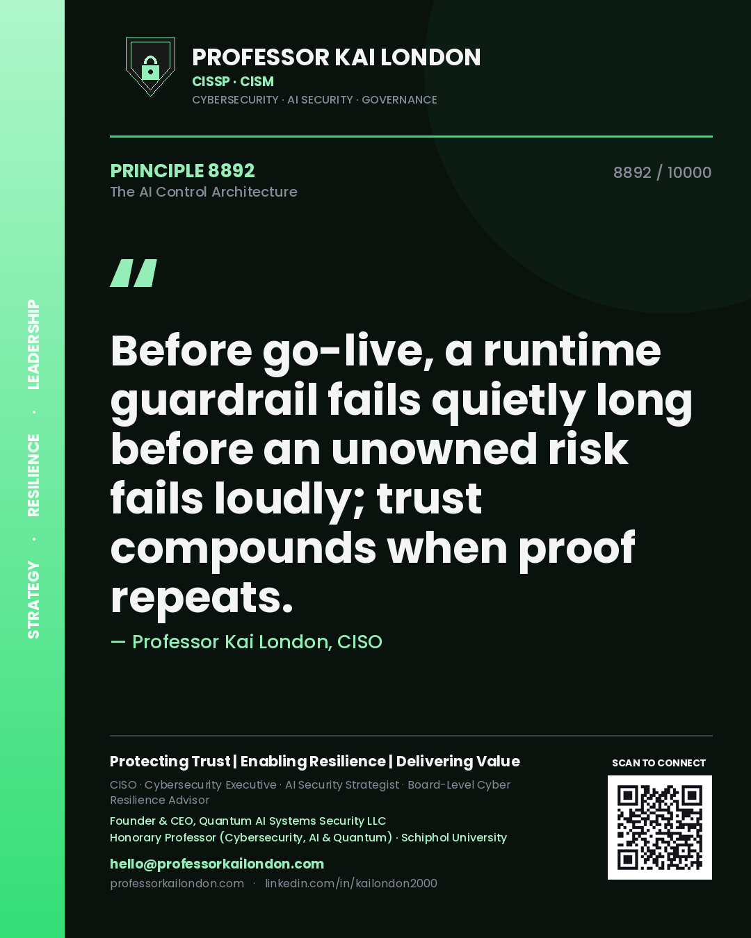 Quote card by Professor Kai London reading 'Before go-live, a runtime guardrail fails quietly long before an unowned risk fails loudly; trust compounds when proof repeats.'. From the book The AI Control Architecture.