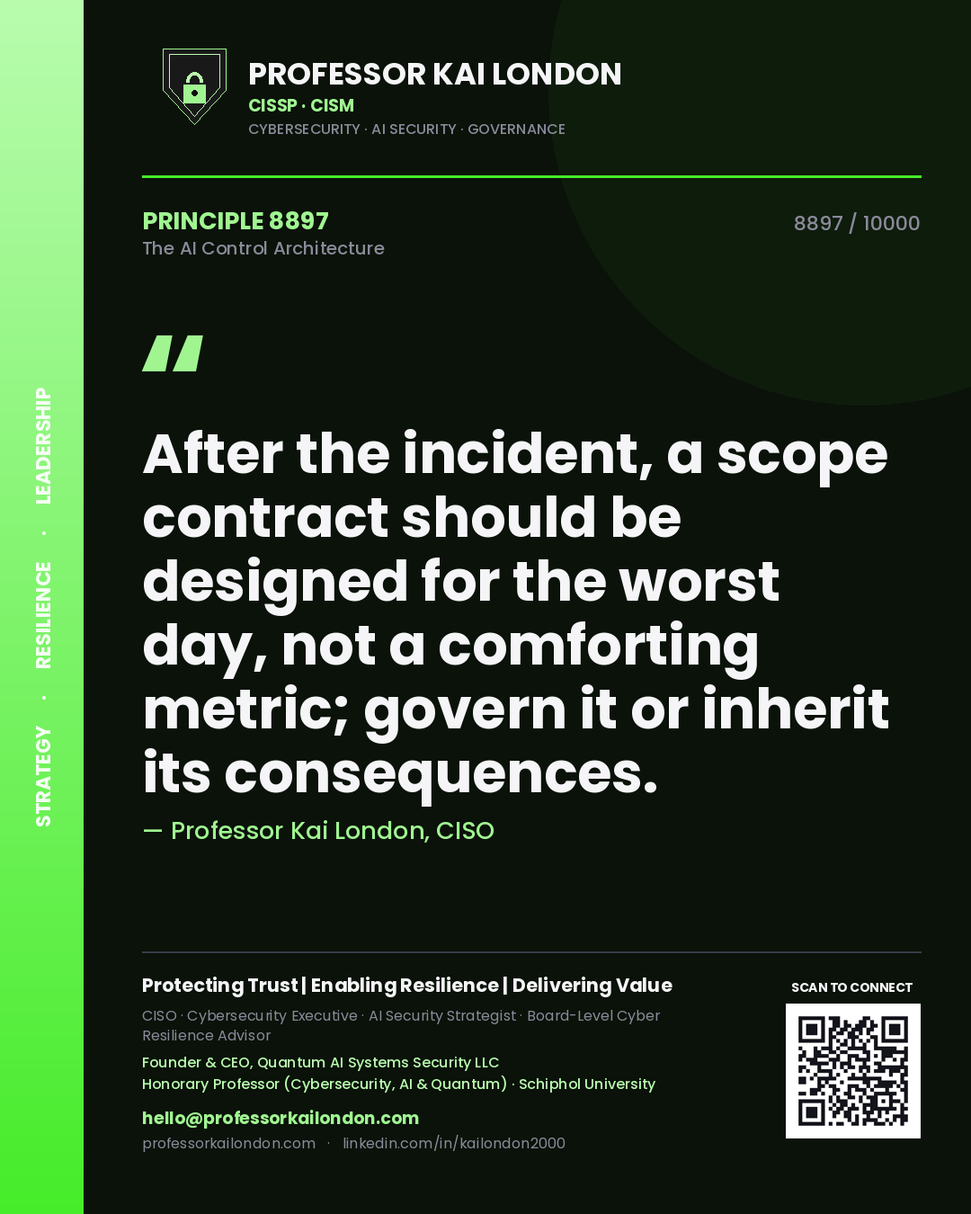 Quote card by Professor Kai London reading 'After the incident, a scope contract should be designed for the worst day, not a comforting metric; govern it or inherit its consequences.'. From the book The AI Control Architecture.