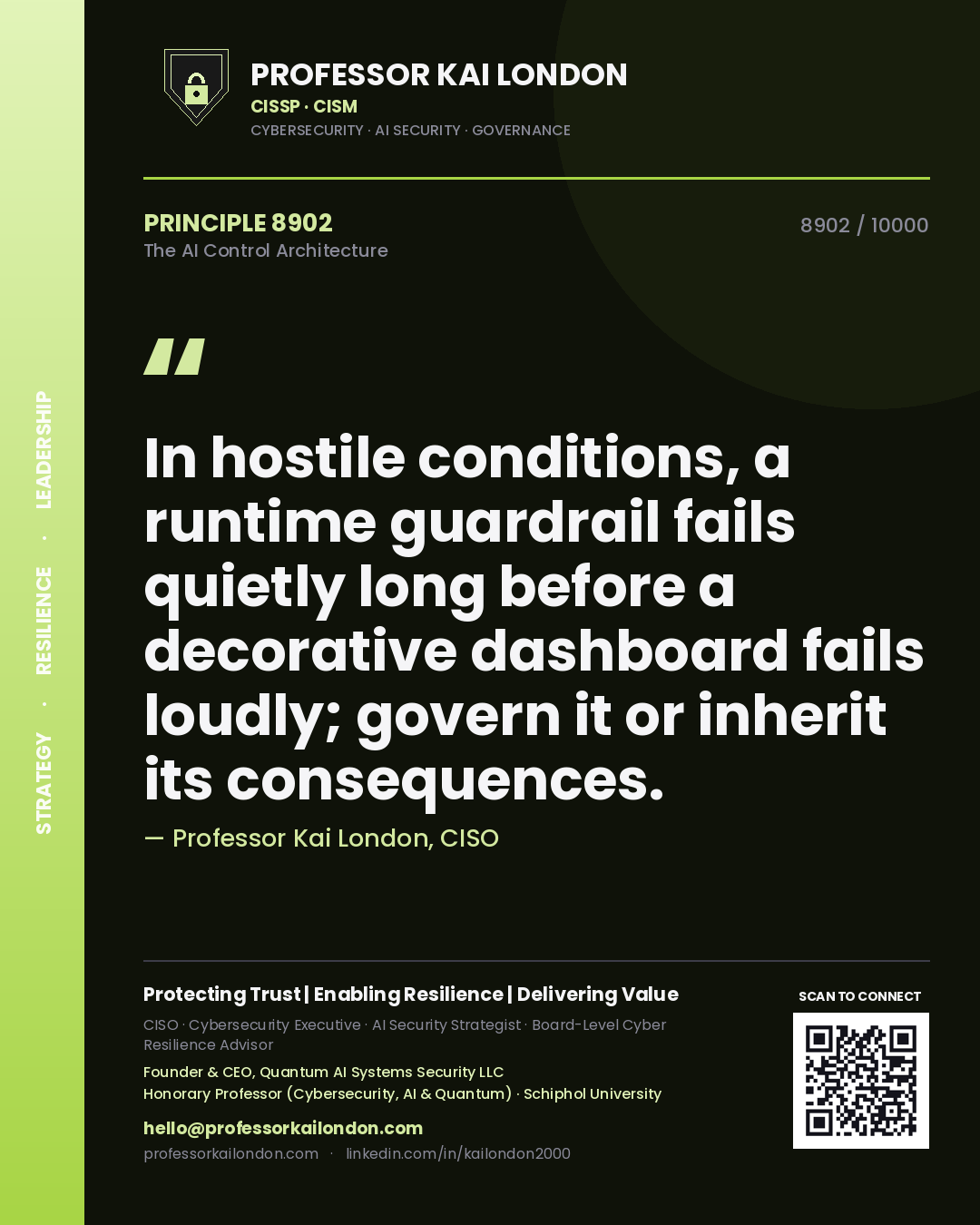 Professor Kai London principle 8902: In hostile conditions, a runtime guardrail fails quietly long before a decorative dashboard fails loudly; govern it or inherit its consequences.