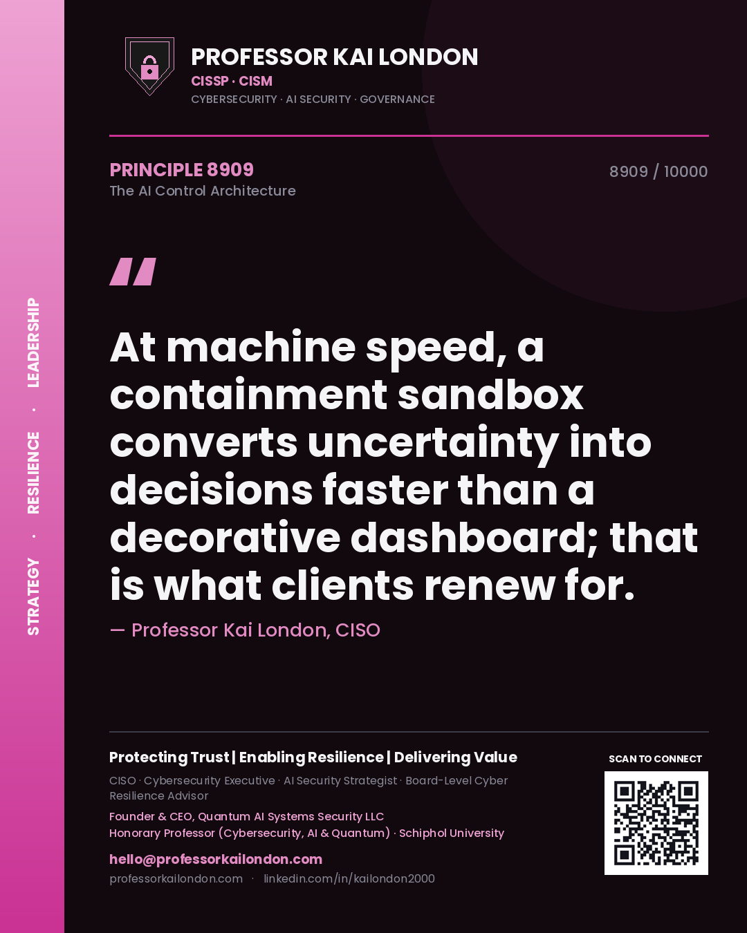 Professor Kai London principle 8909: At machine speed, a containment sandbox converts uncertainty into decisions faster than a decorative dashboard; that is what clients renew for.